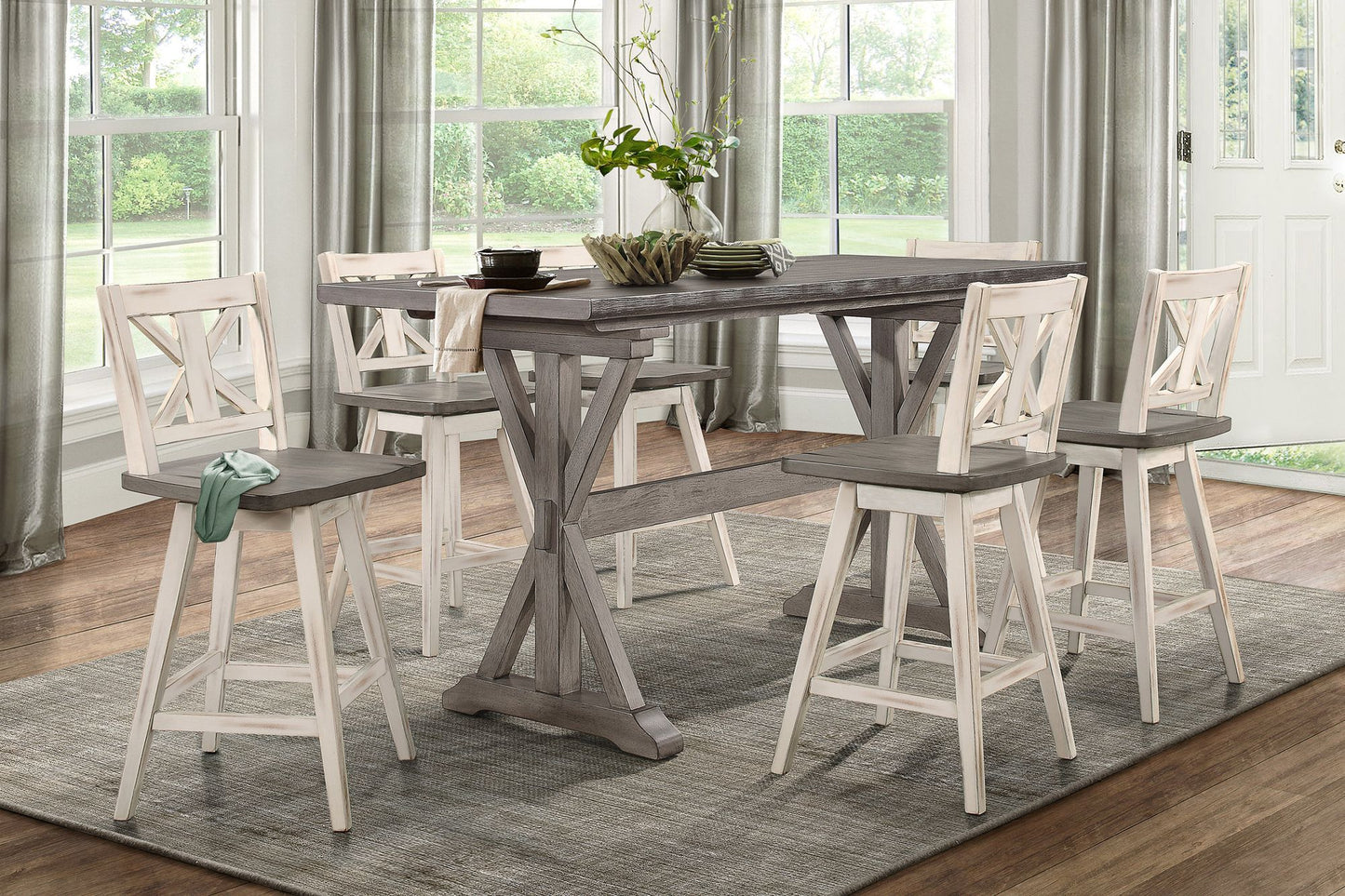 Counter Height Chairs Set of 2, White Gray 360-degree Swivel Chair Solid Rubberwood Kitchen Dining Furniture, X-Back image 5