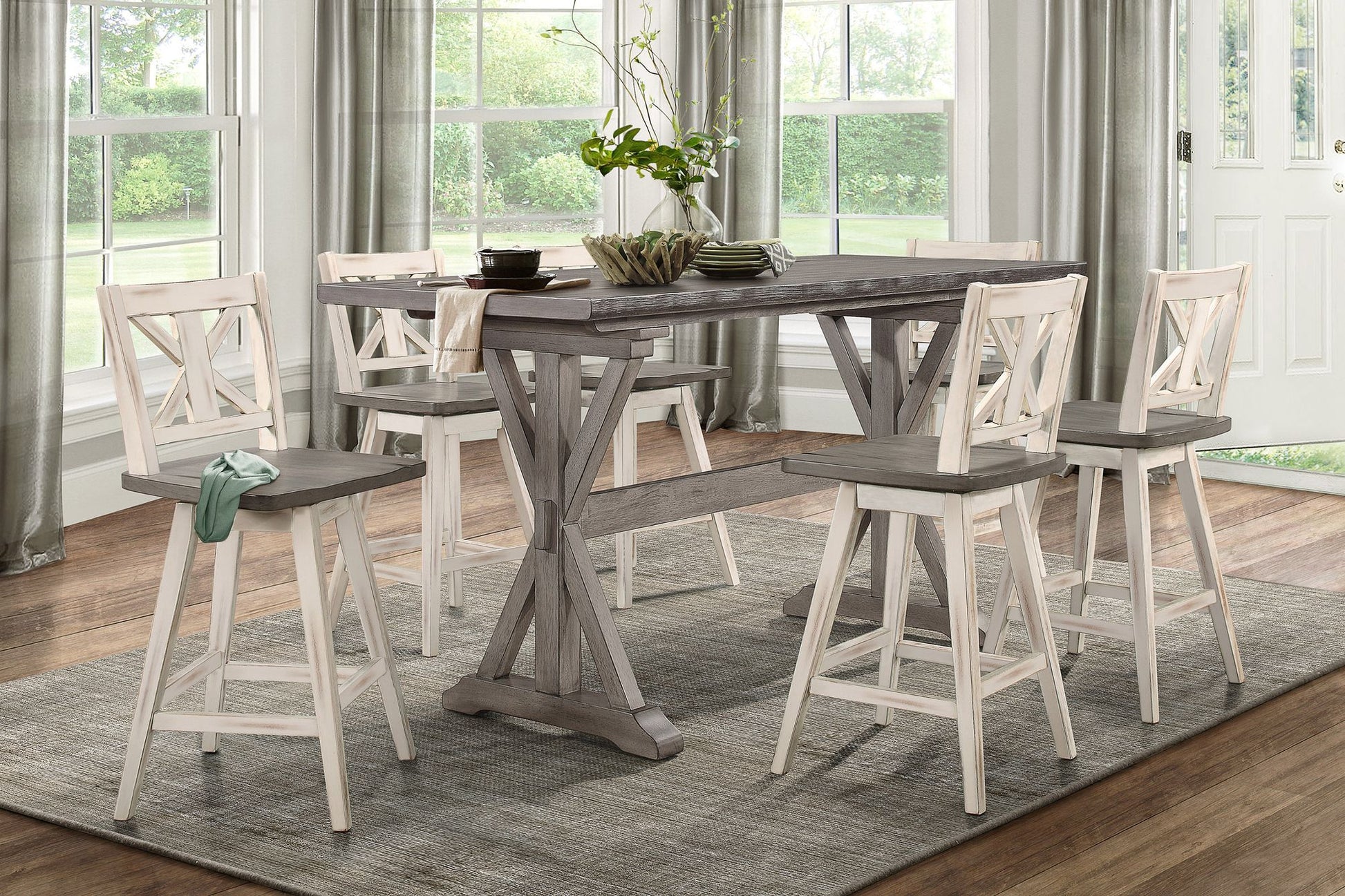 Counter Height Chairs Set of 2, White Gray 360-degree Swivel Chair Solid Rubberwood Kitchen Dining Furniture, X-Back image 5