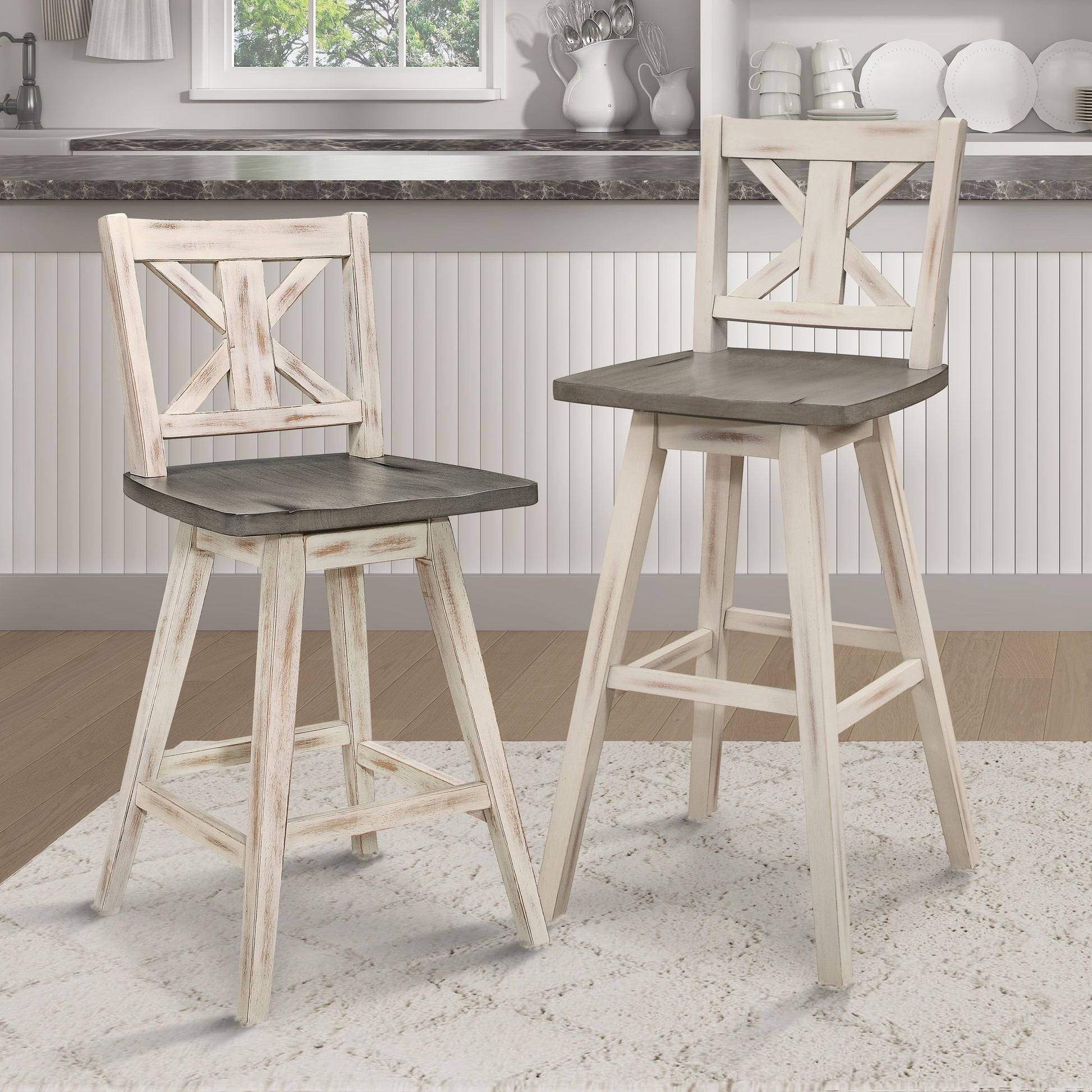Counter Height Chairs Set of 2, White Gray 360-degree Swivel Chair Solid Rubberwood Kitchen Dining Furniture, X-Back image 6