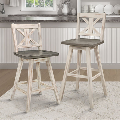 Counter Height Chairs Set of 2, White Gray 360-degree Swivel Chair Solid Rubberwood Kitchen Dining Furniture, X-Back image 6
