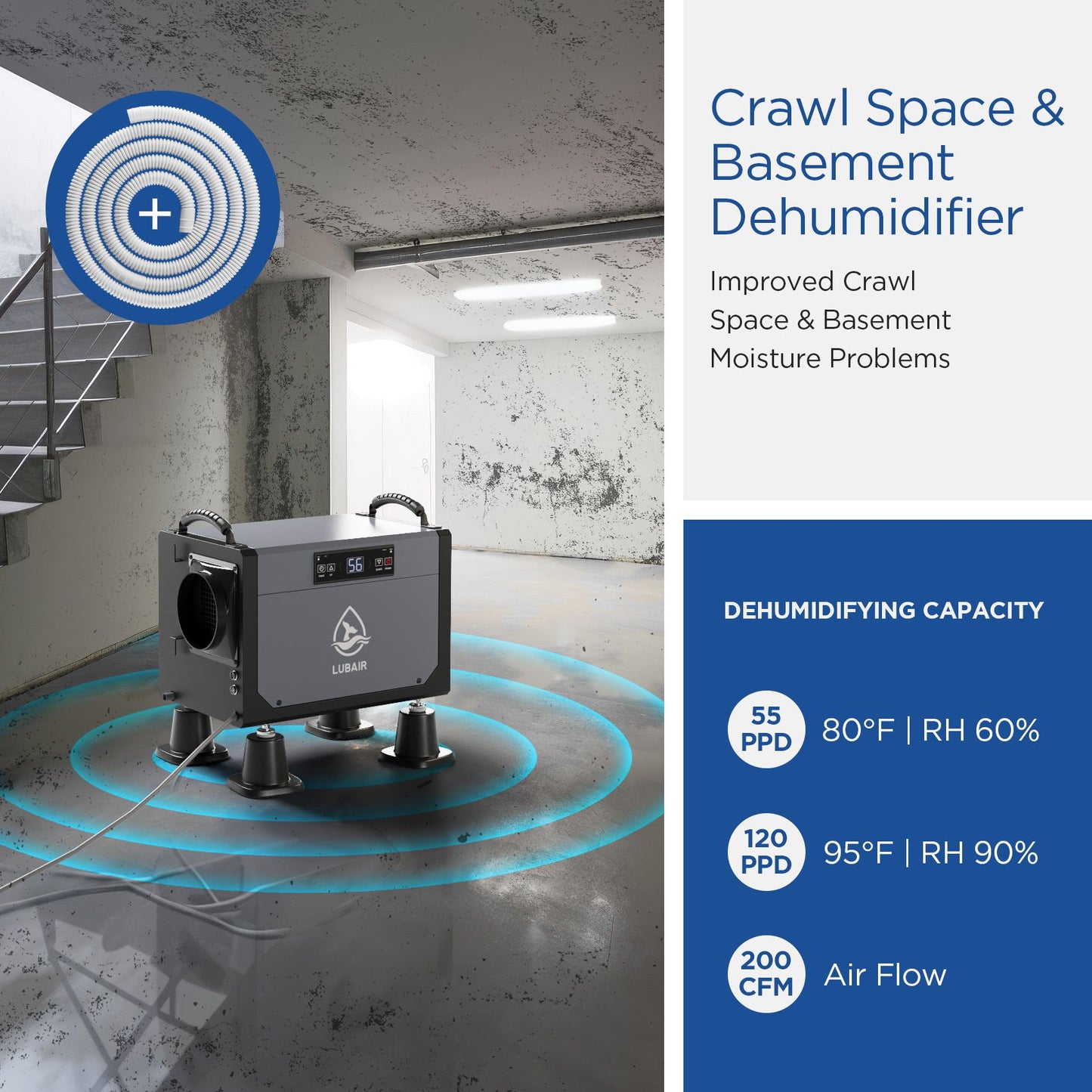 Dehumidifier for crawl space compact design with handle