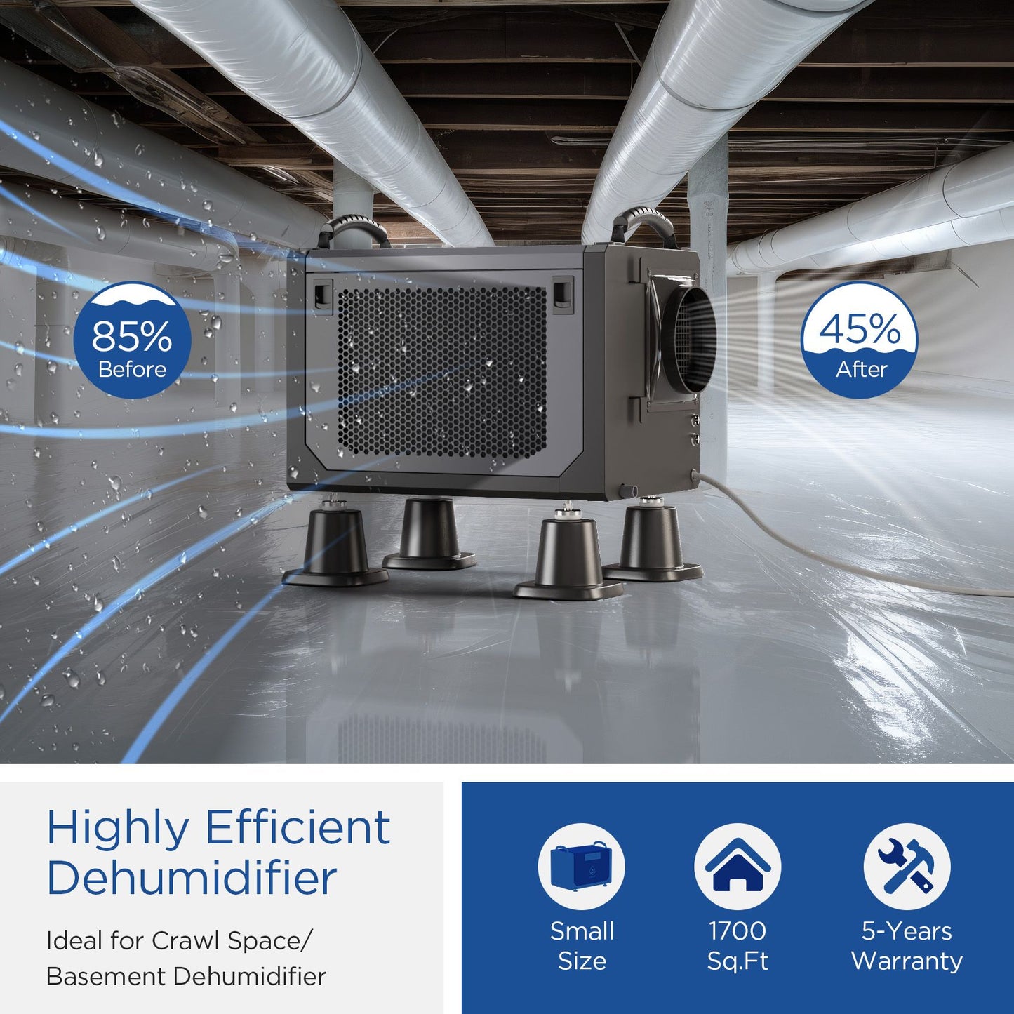 Basement dehumidifier with continuous drainage hose