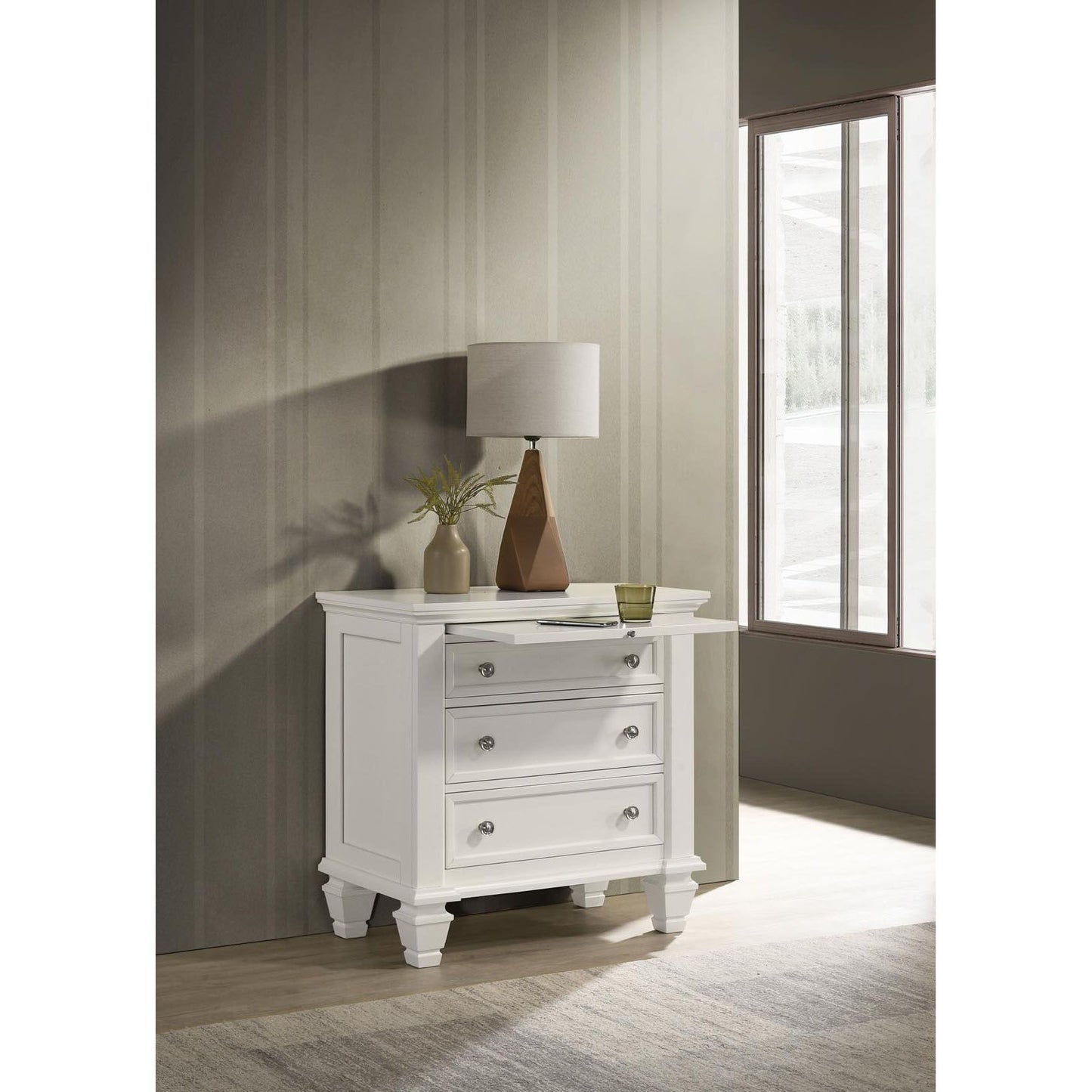 Cream White 3-drawer Nightstand with Pull Out Tray image 1