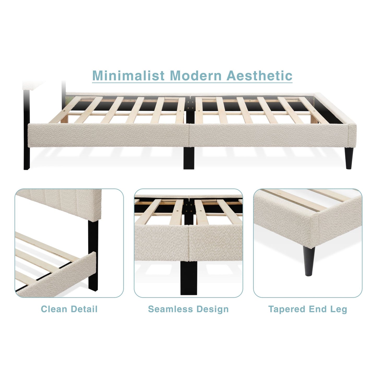 Cream White Upholstered Queen Platform Bed Frame, Tufted Channel Headboard, Mid-Century Bedroom Furniture, No Box Spring image 16