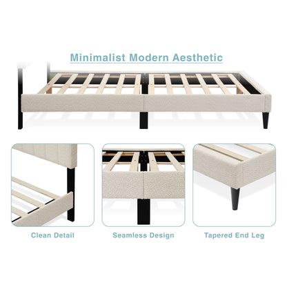 Cream White Upholstered Queen Platform Bed Frame, Tufted Channel Headboard, Mid-Century Bedroom Furniture, No Box Spring image 16