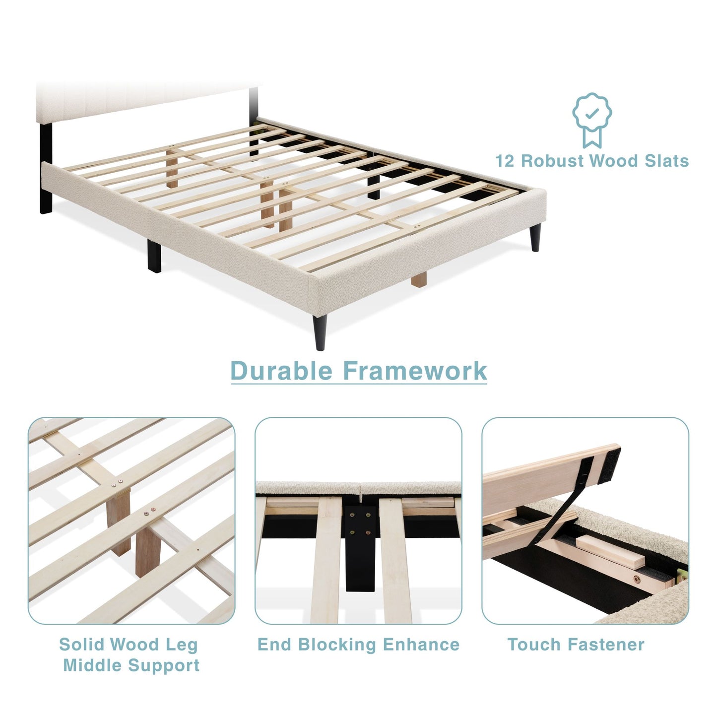 Cream White Upholstered Queen Platform Bed Frame, Tufted Channel Headboard, Mid-Century Bedroom Furniture, No Box Spring image 13