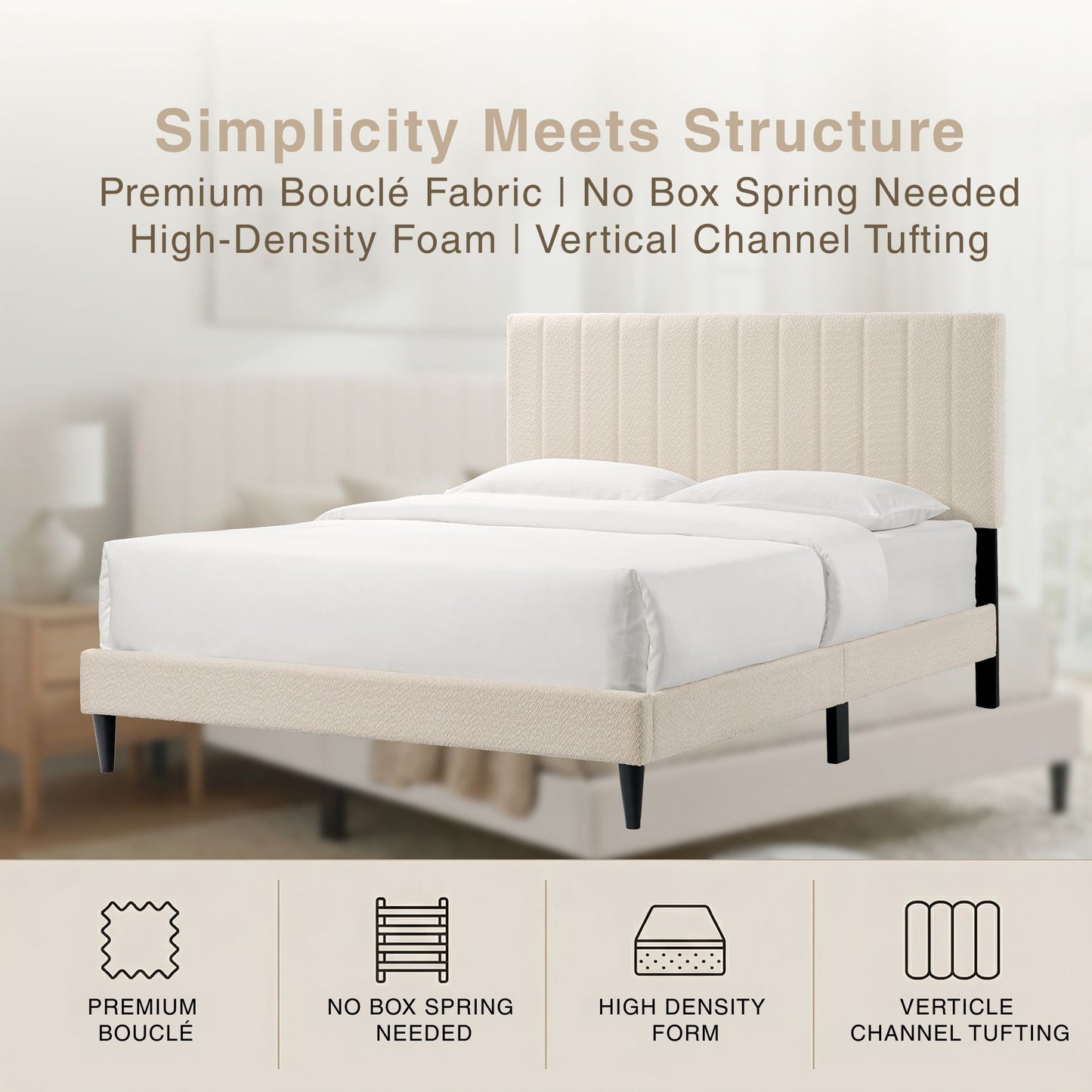 Cream White Upholstered Queen Platform Bed Frame, Tufted Channel Headboard, Mid-Century Bedroom Furniture, No Box Spring image 5