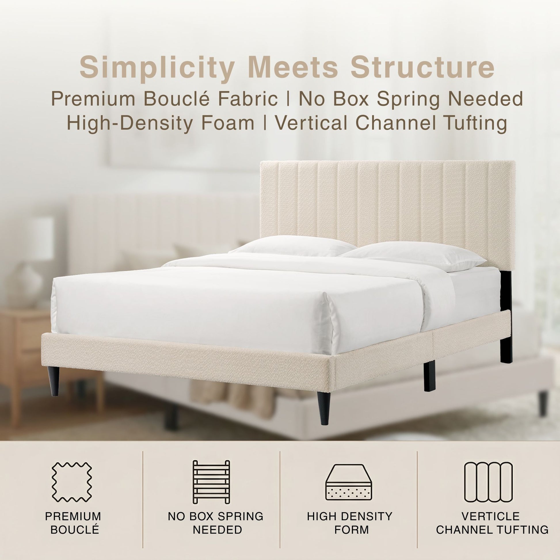 Cream White Upholstered Queen Platform Bed Frame, Tufted Channel Headboard, Mid-Century Bedroom Furniture, No Box Spring image 5