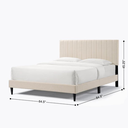 Cream White Upholstered Queen Platform Bed Frame, Tufted Channel Headboard, Mid-Century Bedroom Furniture, No Box Spring image 19