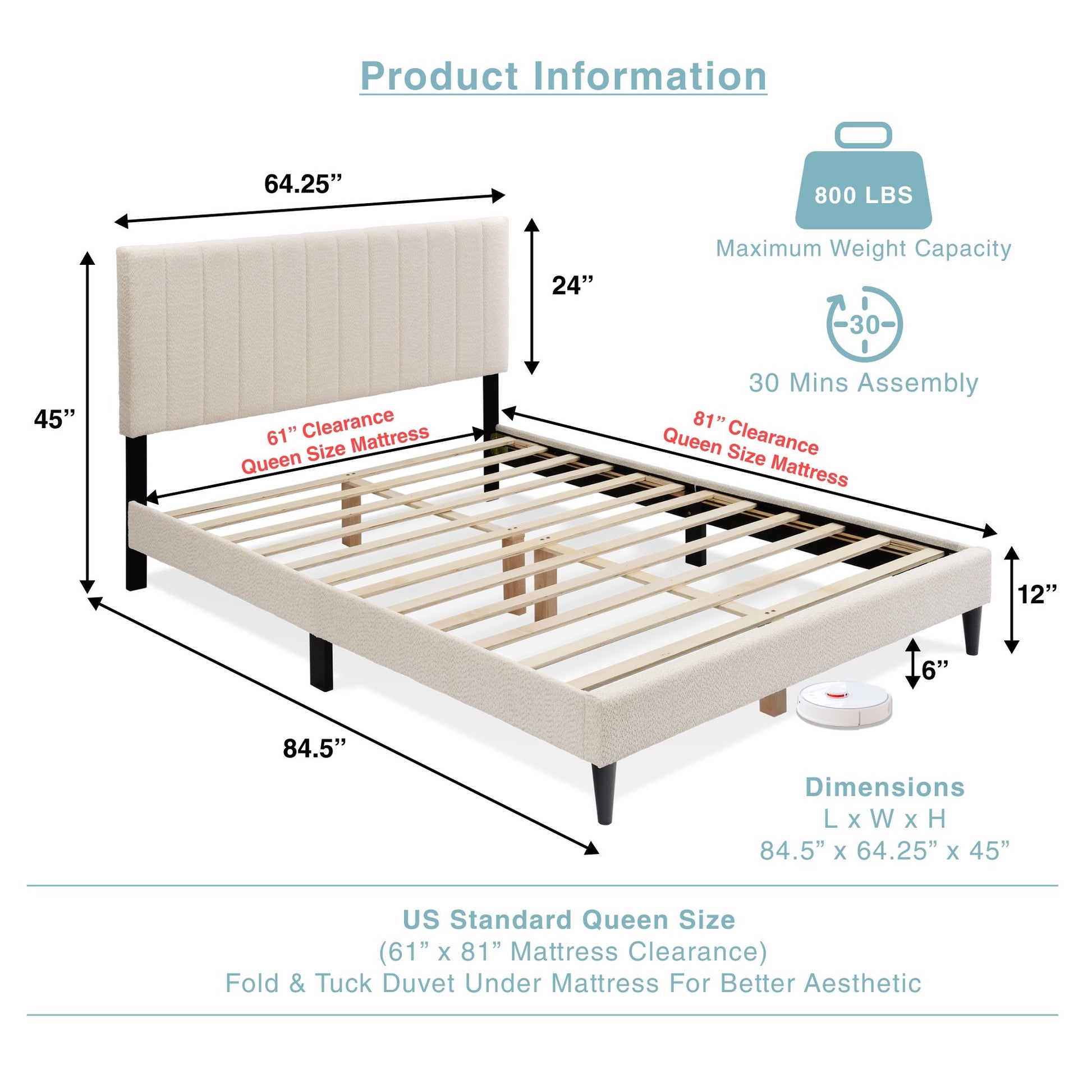 Cream White Upholstered Queen Platform Bed Frame, Tufted Channel Headboard, Mid-Century Bedroom Furniture, No Box Spring image 10