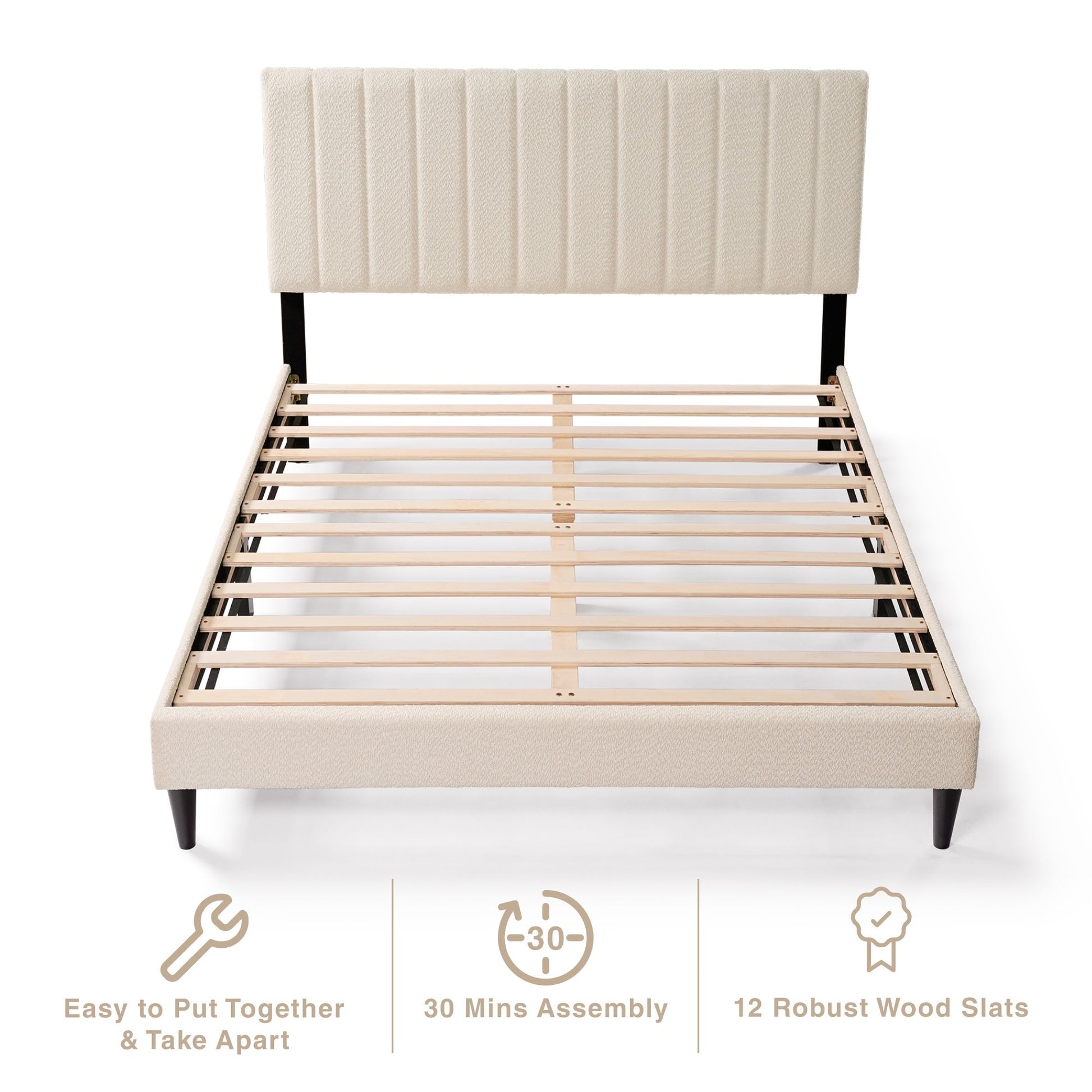 Cream White Upholstered Queen Platform Bed Frame, Tufted Channel Headboard, Mid-Century Bedroom Furniture, No Box Spring image 9