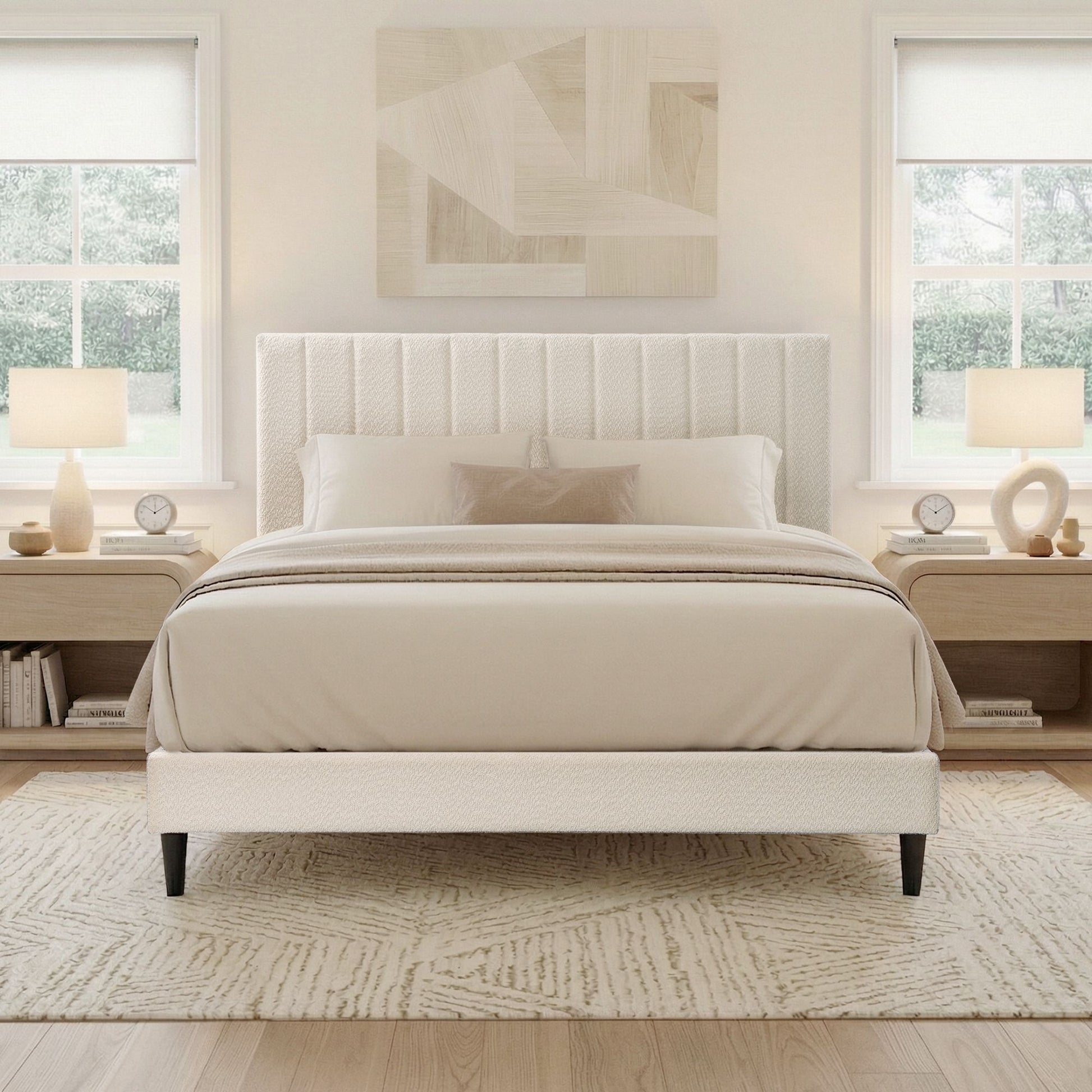 Cream White Upholstered Queen Platform Bed Frame, Tufted Channel Headboard, Mid-Century Bedroom Furniture, No Box Spring image 3
