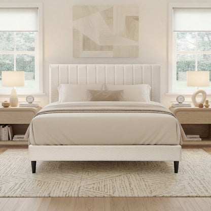 Cream White Upholstered Queen Platform Bed Frame, Tufted Channel Headboard, Mid-Century Bedroom Furniture, No Box Spring image 3