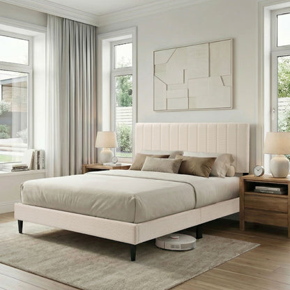 Cream White Upholstered Queen Platform Bed Frame, Tufted Channel Headboard, Mid-Century Bedroom Furniture, No Box Spring image 2