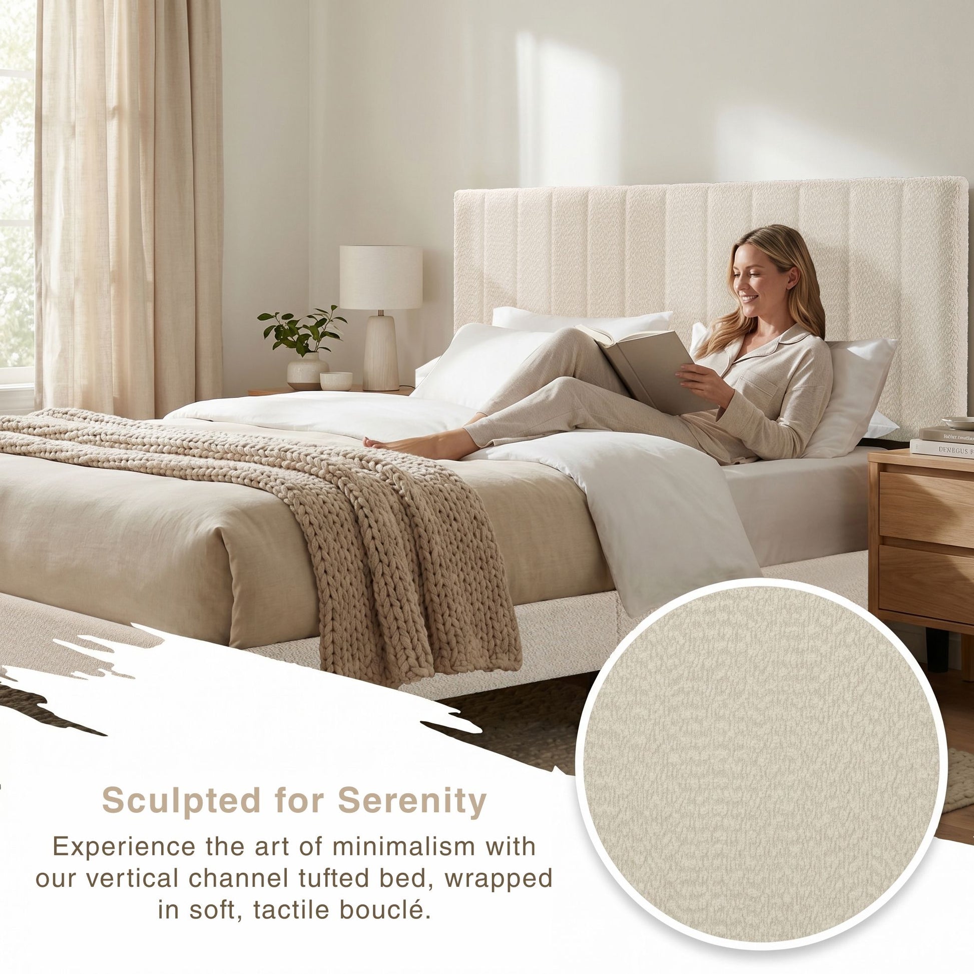Cream White Upholstered Queen Platform Bed Frame, Tufted Channel Headboard, Mid-Century Bedroom Furniture, No Box Spring image 4