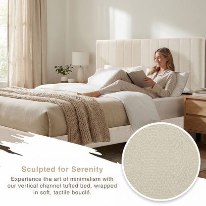 Cream White Upholstered Queen Platform Bed Frame, Tufted Channel Headboard, Mid-Century Bedroom Furniture, No Box Spring image 4