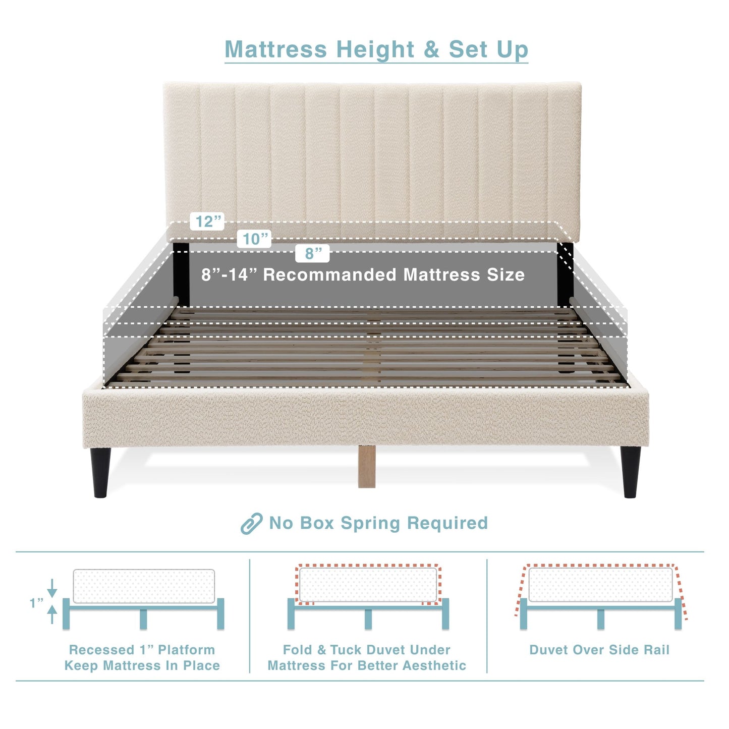 Cream White Upholstered Queen Platform Bed Frame, Tufted Channel Headboard, Mid-Century Bedroom Furniture, No Box Spring image 11