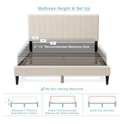 Cream White Upholstered Queen Platform Bed Frame, Tufted Channel Headboard, Mid-Century Bedroom Furniture, No Box Spring image 11