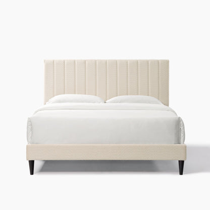 Cream White Upholstered Queen Platform Bed Frame, Tufted Channel Headboard, Mid-Century Bedroom Furniture, No Box Spring image 18