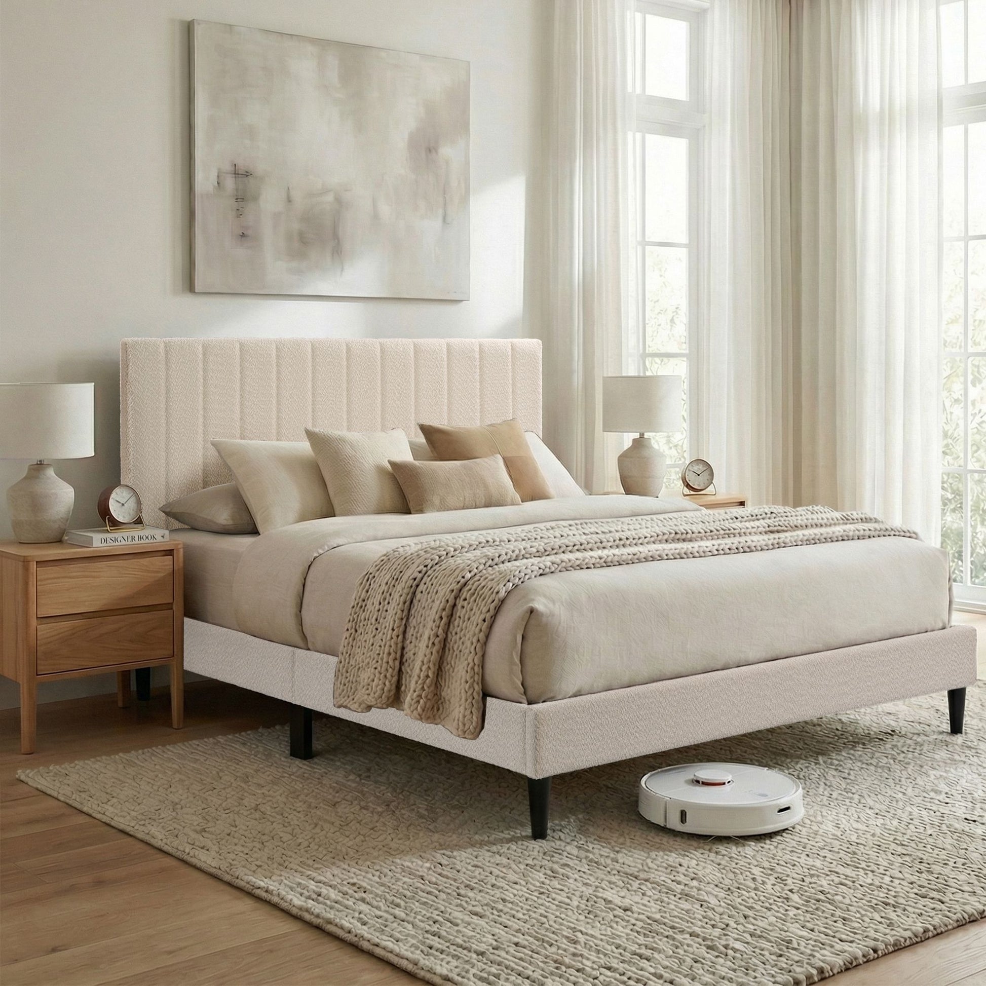 Cream White Upholstered Queen Platform Bed Frame, Tufted Channel Headboard, Mid-Century Bedroom Furniture, No Box Spring image 1
