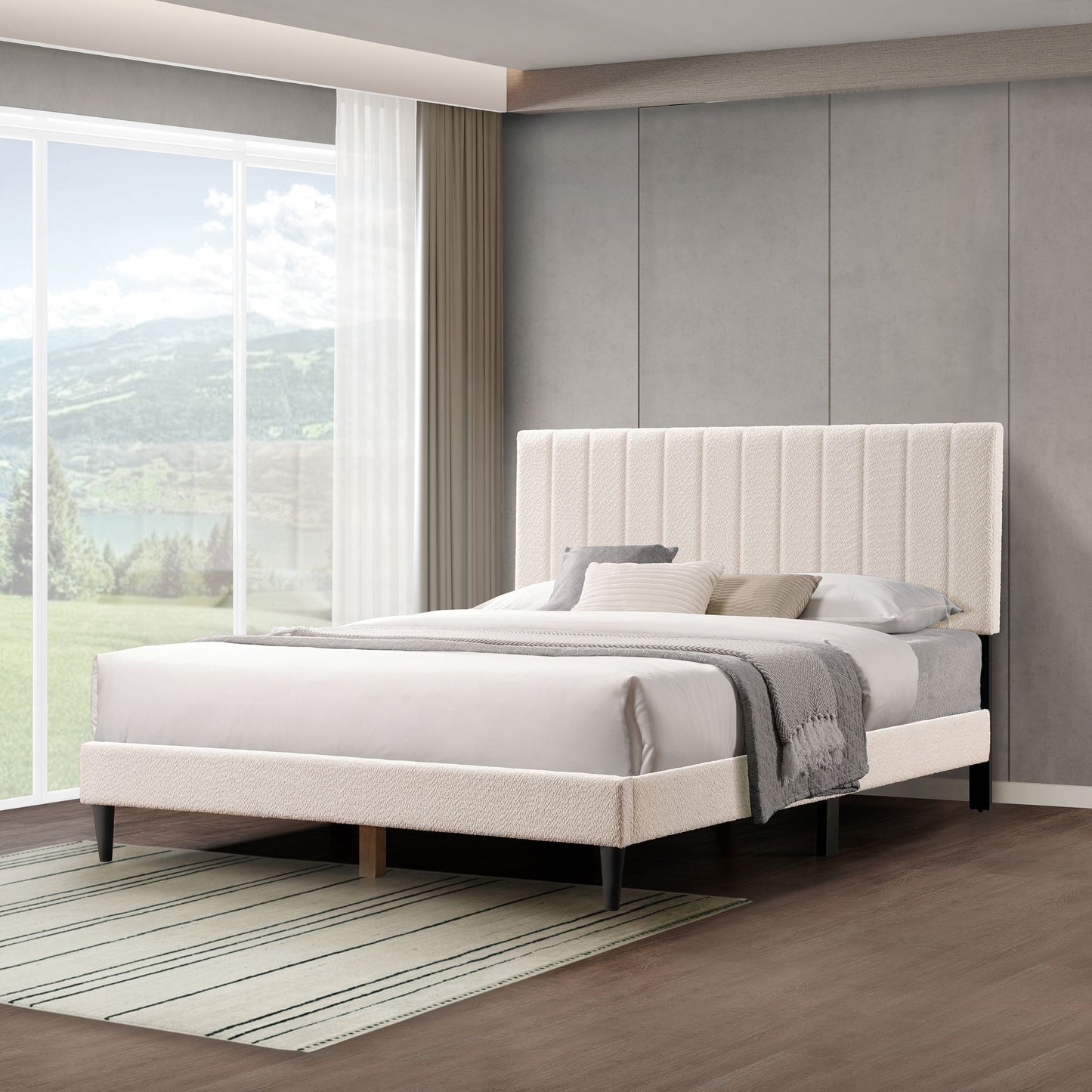 Cream White Upholstered Queen Platform Bed Frame, Tufted Channel Headboard, Mid-Century Bedroom Furniture, No Box Spring image 8