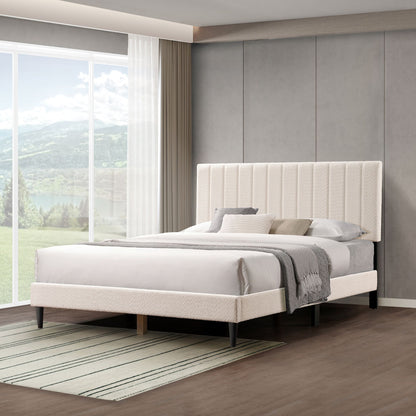 Cream White Upholstered Queen Platform Bed Frame, Tufted Channel Headboard, Mid-Century Bedroom Furniture, No Box Spring image 8