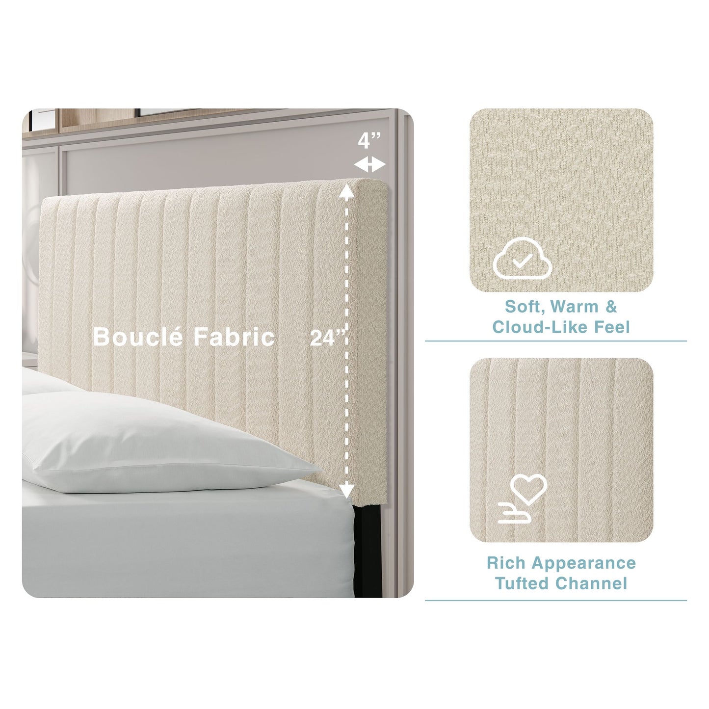 Cream White Upholstered Queen Platform Bed Frame, Tufted Channel Headboard, Mid-Century Bedroom Furniture, No Box Spring image 12