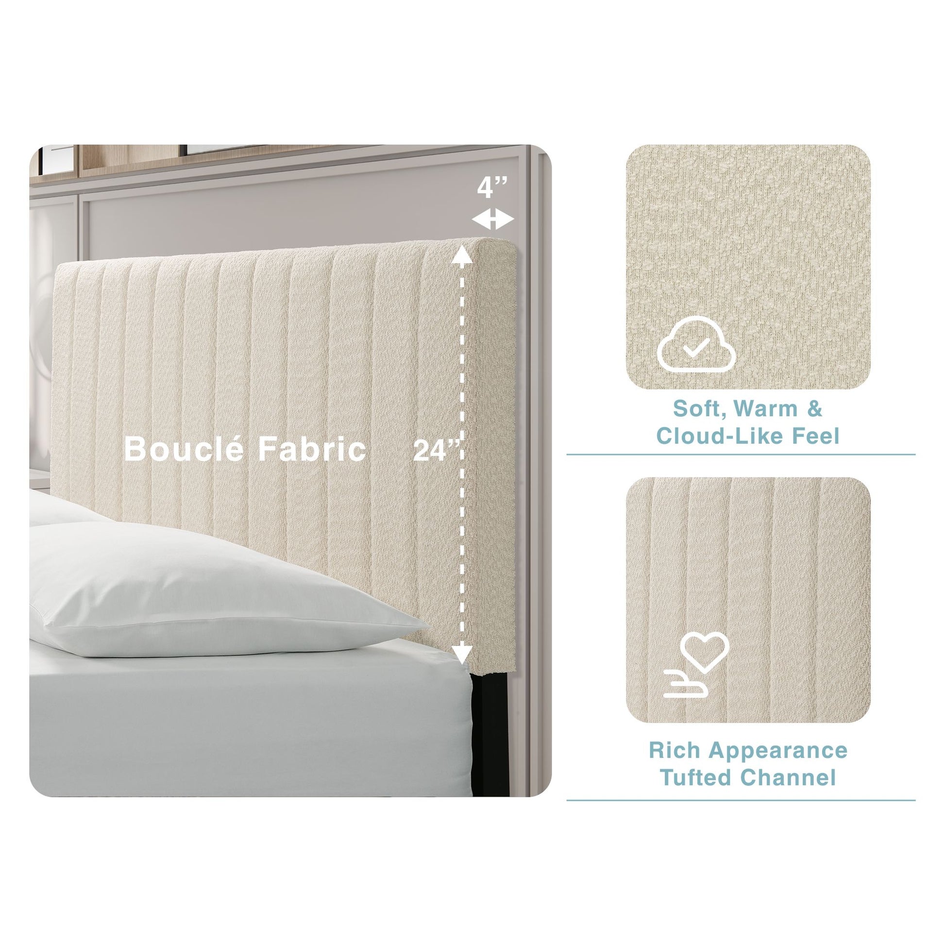 Cream White Upholstered Queen Platform Bed Frame, Tufted Channel Headboard, Mid-Century Bedroom Furniture, No Box Spring image 12