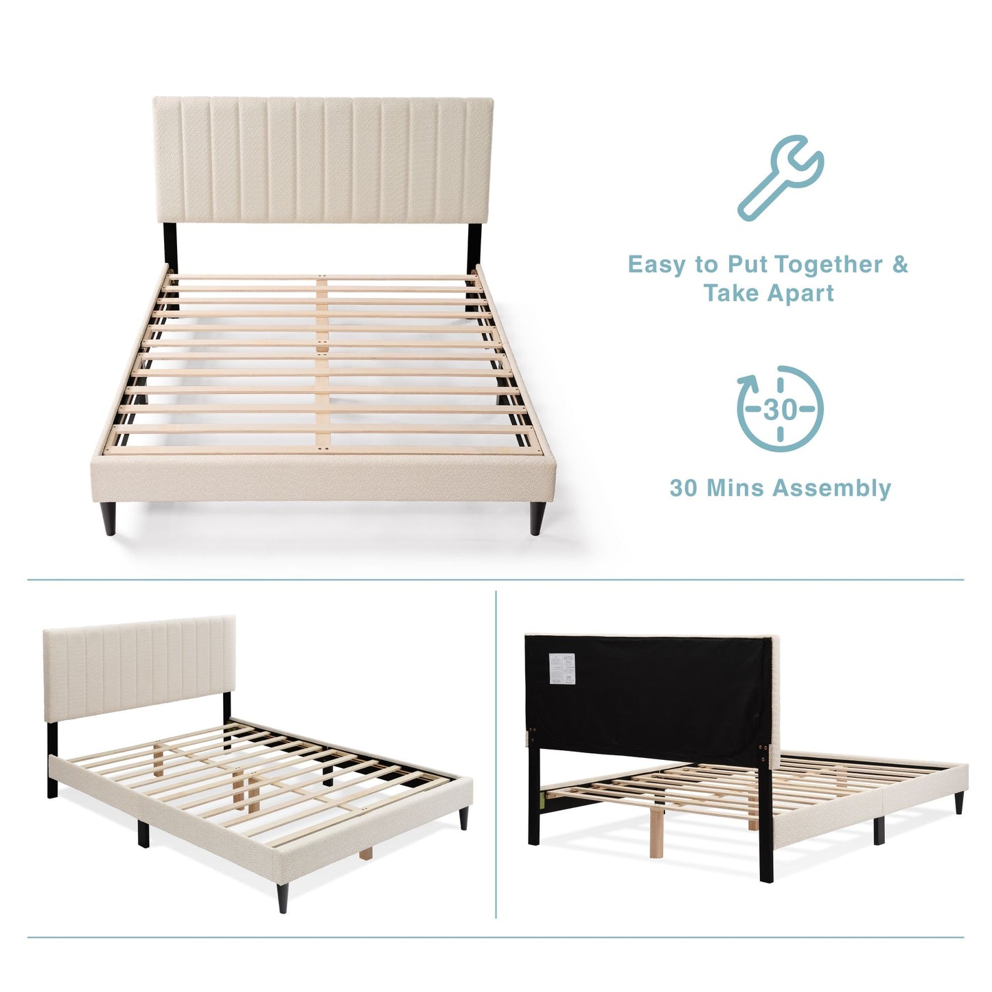 Cream White Upholstered Queen Platform Bed Frame, Tufted Channel Headboard, Mid-Century Bedroom Furniture, No Box Spring image 15