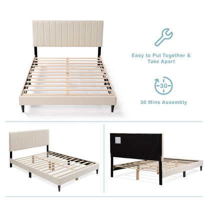 Cream White Upholstered Queen Platform Bed Frame, Tufted Channel Headboard, Mid-Century Bedroom Furniture, No Box Spring image 15