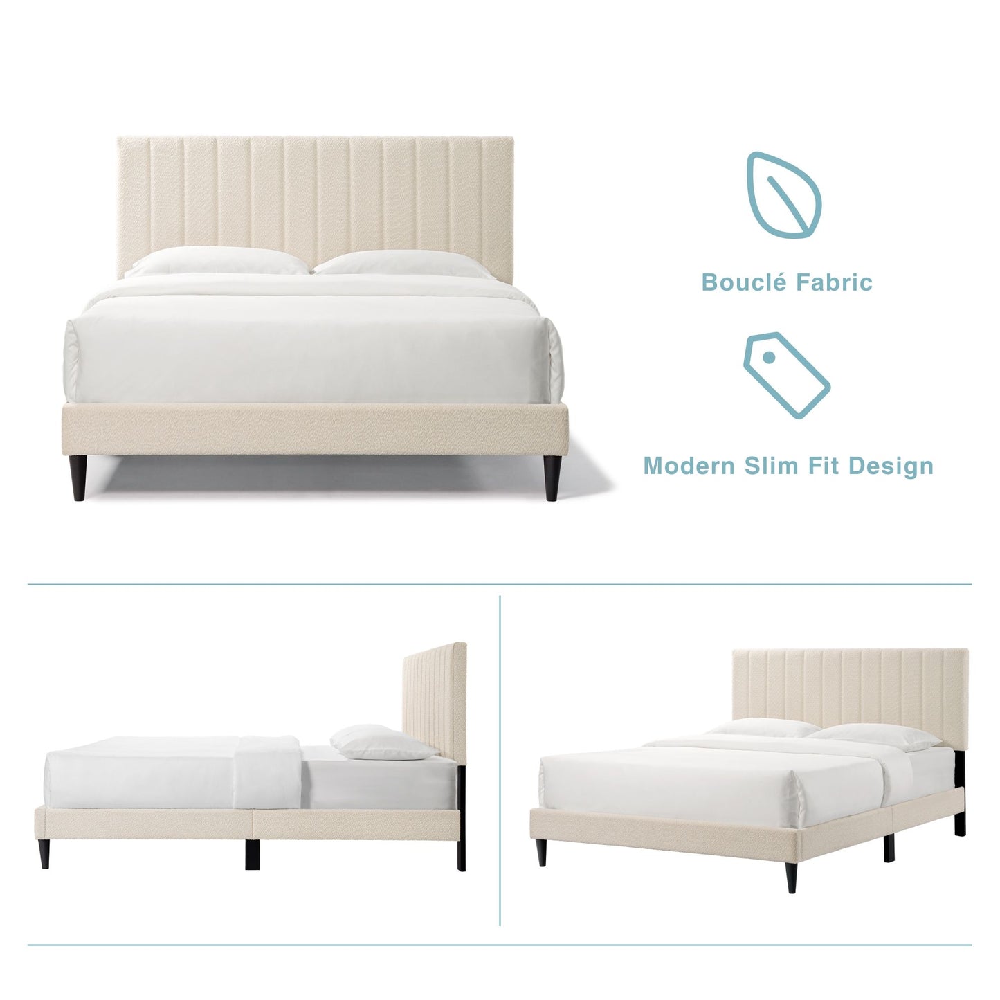 Cream White Upholstered Queen Platform Bed Frame, Tufted Channel Headboard, Mid-Century Bedroom Furniture, No Box Spring image 14