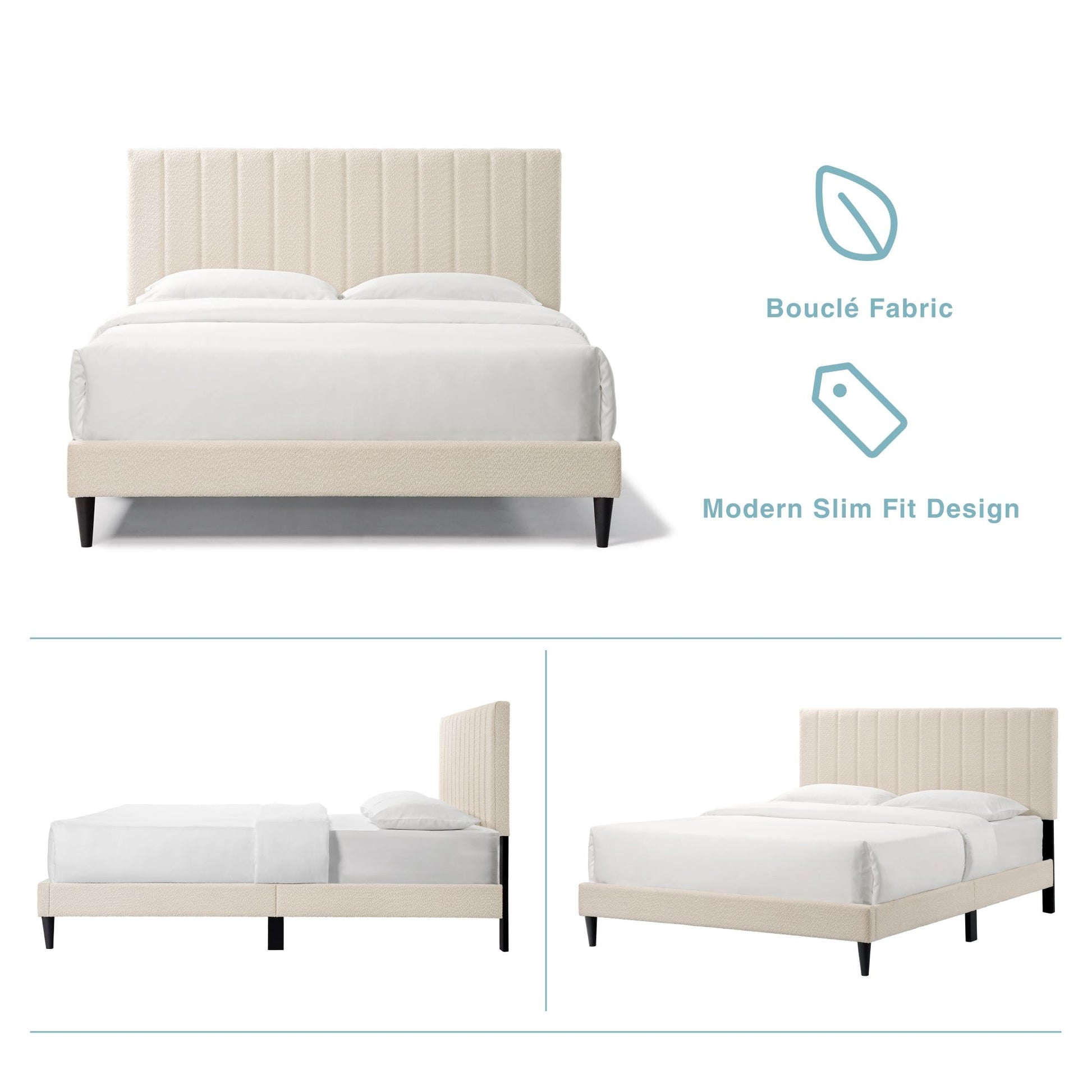 Cream White Upholstered Queen Platform Bed Frame, Tufted Channel Headboard, Mid-Century Bedroom Furniture, No Box Spring image 14