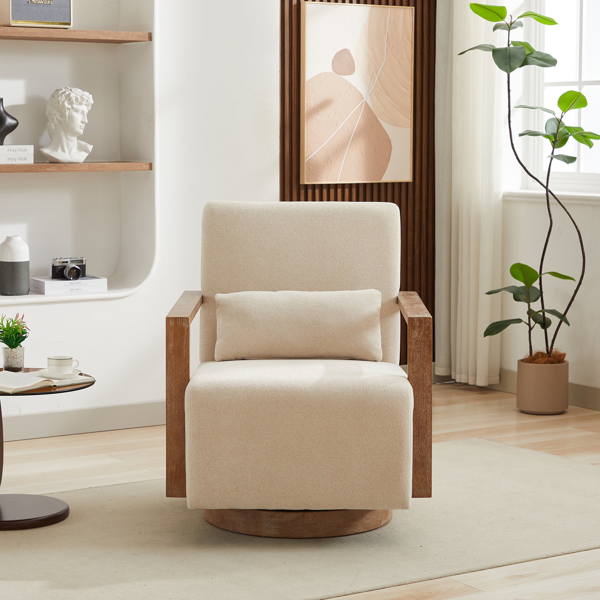 29.72"W Swivel Modern Upholstered Accent Chair with Solid Wood Armrests and 360 Degree Comfy Lounge Reading Chair, Side Armchair for Hotel, Bedroom, Living Room, Office, and Nursery Room. Beige image 2