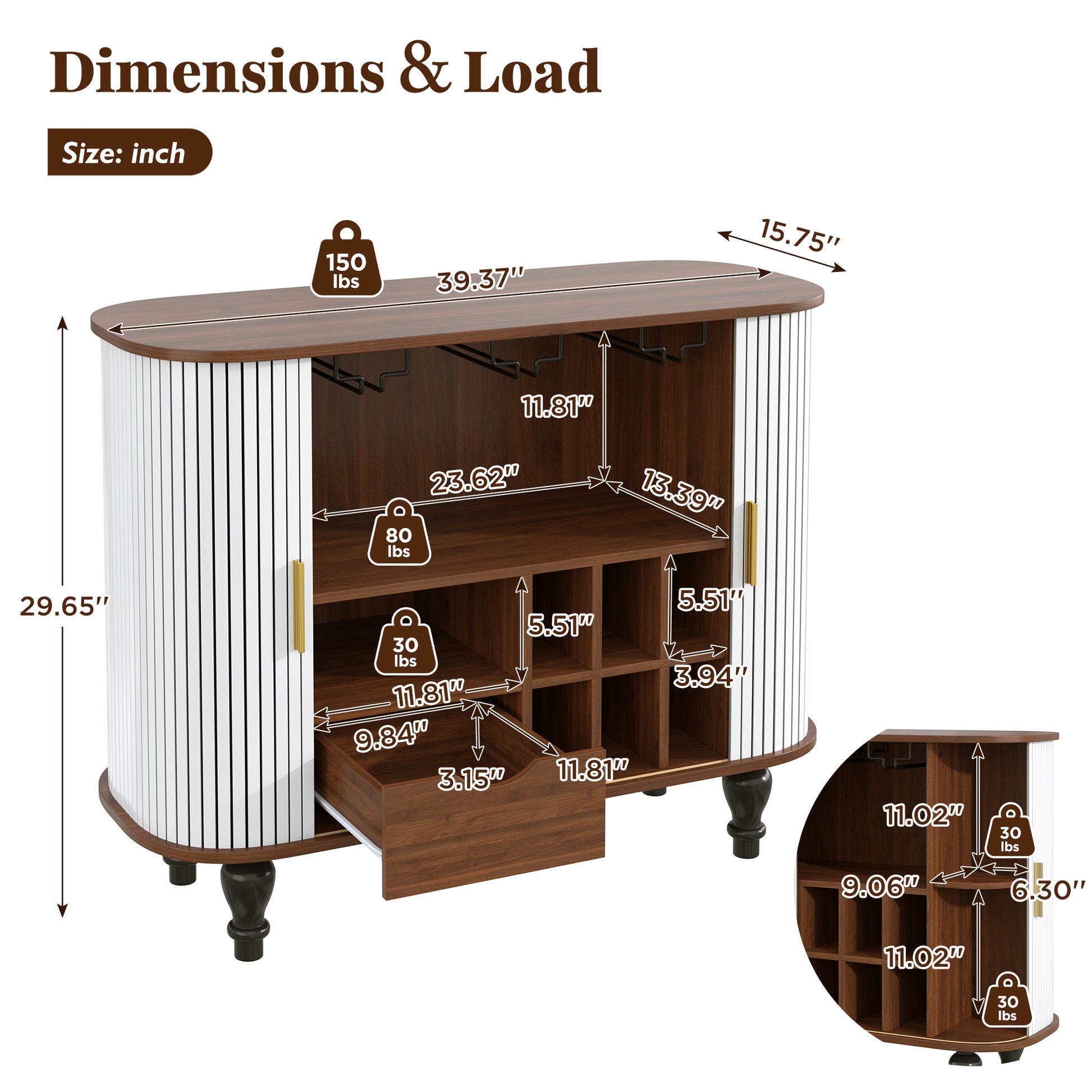 39" Fluted Liquor & Coffee Bar Cabinet with 6 Wine Racks and 3 Glass Holders, Mid-Century Modern Bar Cabinet with A Large Storage Drawer,4 Hidden Storage Space on the Side, White image 2