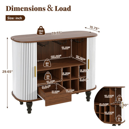 39" Fluted Liquor & Coffee Bar Cabinet with 6 Wine Racks and 3 Glass Holders, Mid-Century Modern Bar Cabinet with A Large Storage Drawer,4 Hidden Storage Space on the Side, White image 2