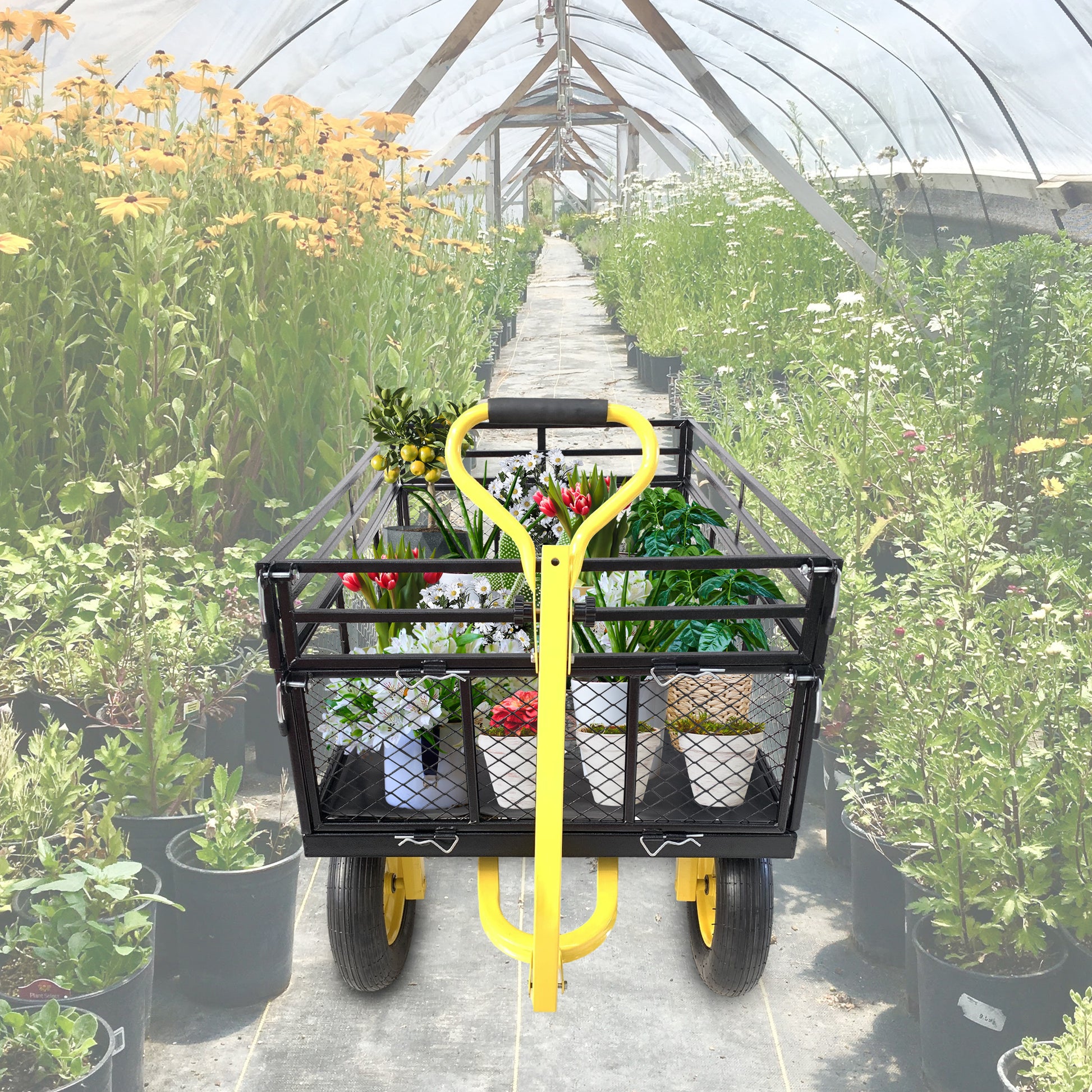 Steel Garden Cart, Heavy Duty 1400 lbs Capacity, with Removable Mesh Sides to Convert into Flatbed, Utility Metal Wagon with 2-in-1 Handle and 16 in Tires, Perfect for Garden, Farm, Yard image 4
