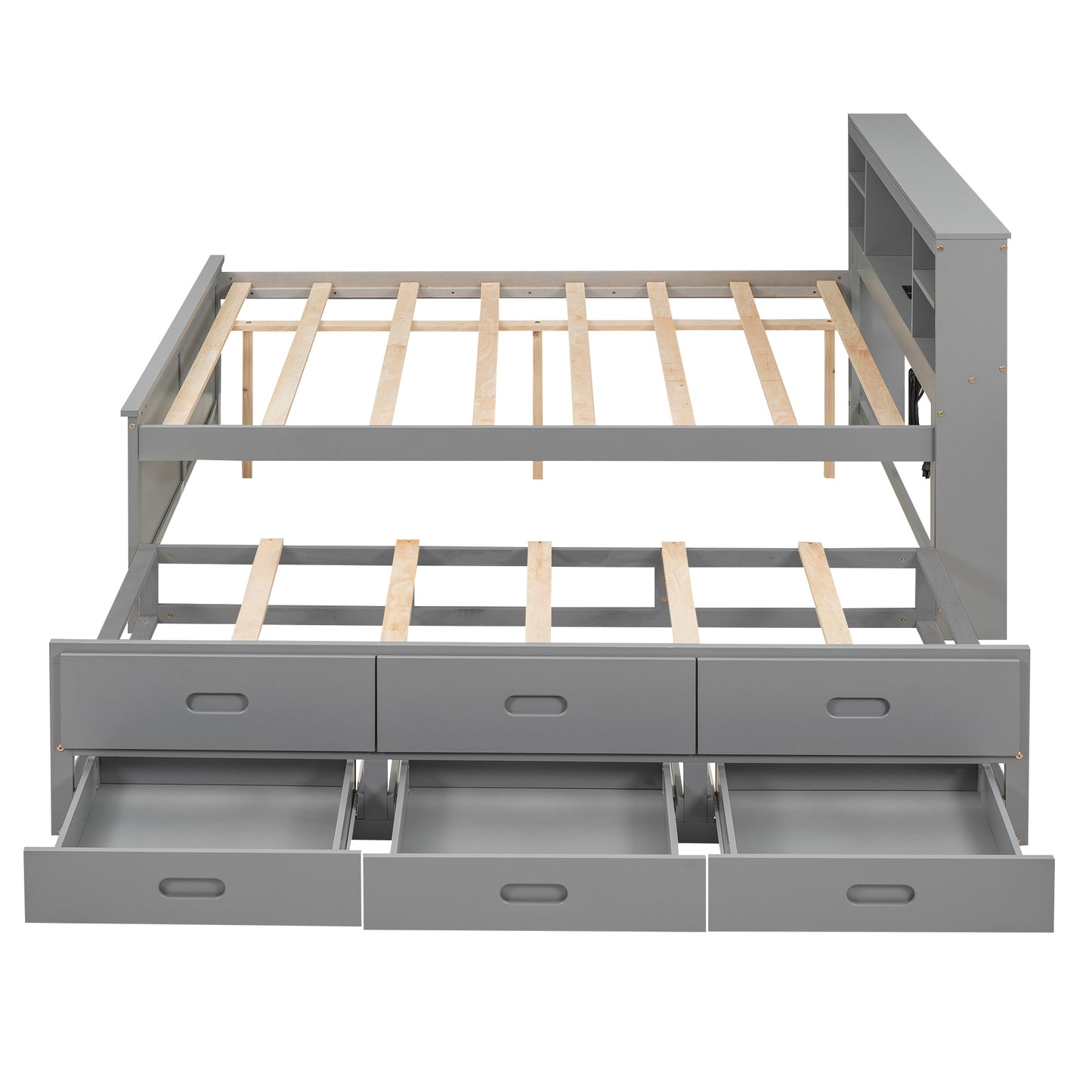 Full Size Platform Bed with Storage Headboard, USB, Twin Size Trundle and 3 Drawers, Gray image 11
