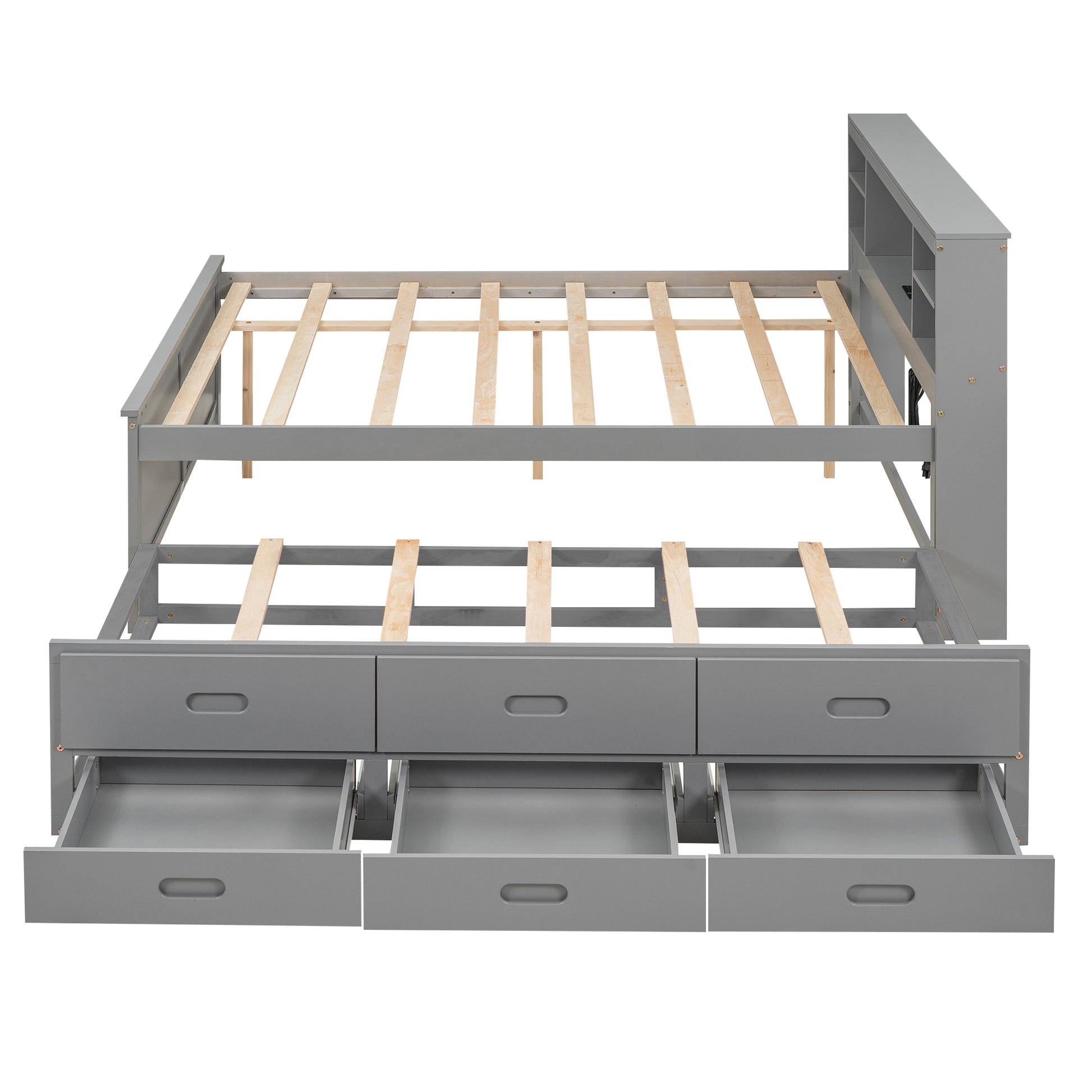 Full Size Platform Bed with Storage Headboard, USB, Twin Size Trundle and 3 Drawers, Gray image 11