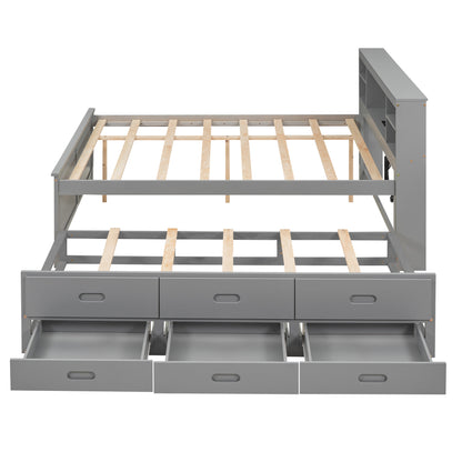 Full Size Platform Bed with Storage Headboard, USB, Twin Size Trundle and 3 Drawers, Gray image 11