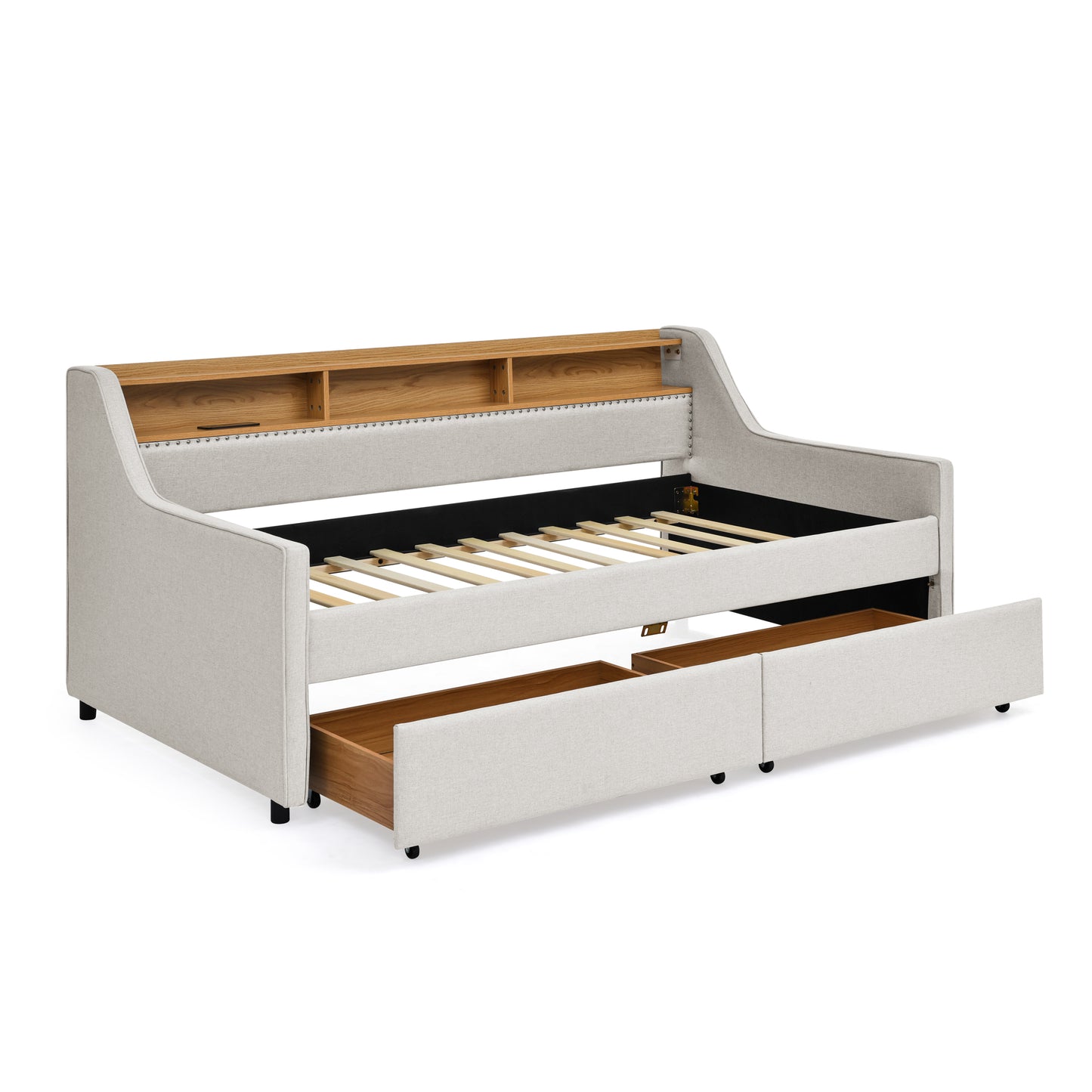 Twin Size Upholstery Sofa Bed with Three LED lights, with Storage Adjustable Headboard, with Two Storage Pull Up drawers and Wireless Charging, Linen Padded Sofa Bed frame, Beige image 12