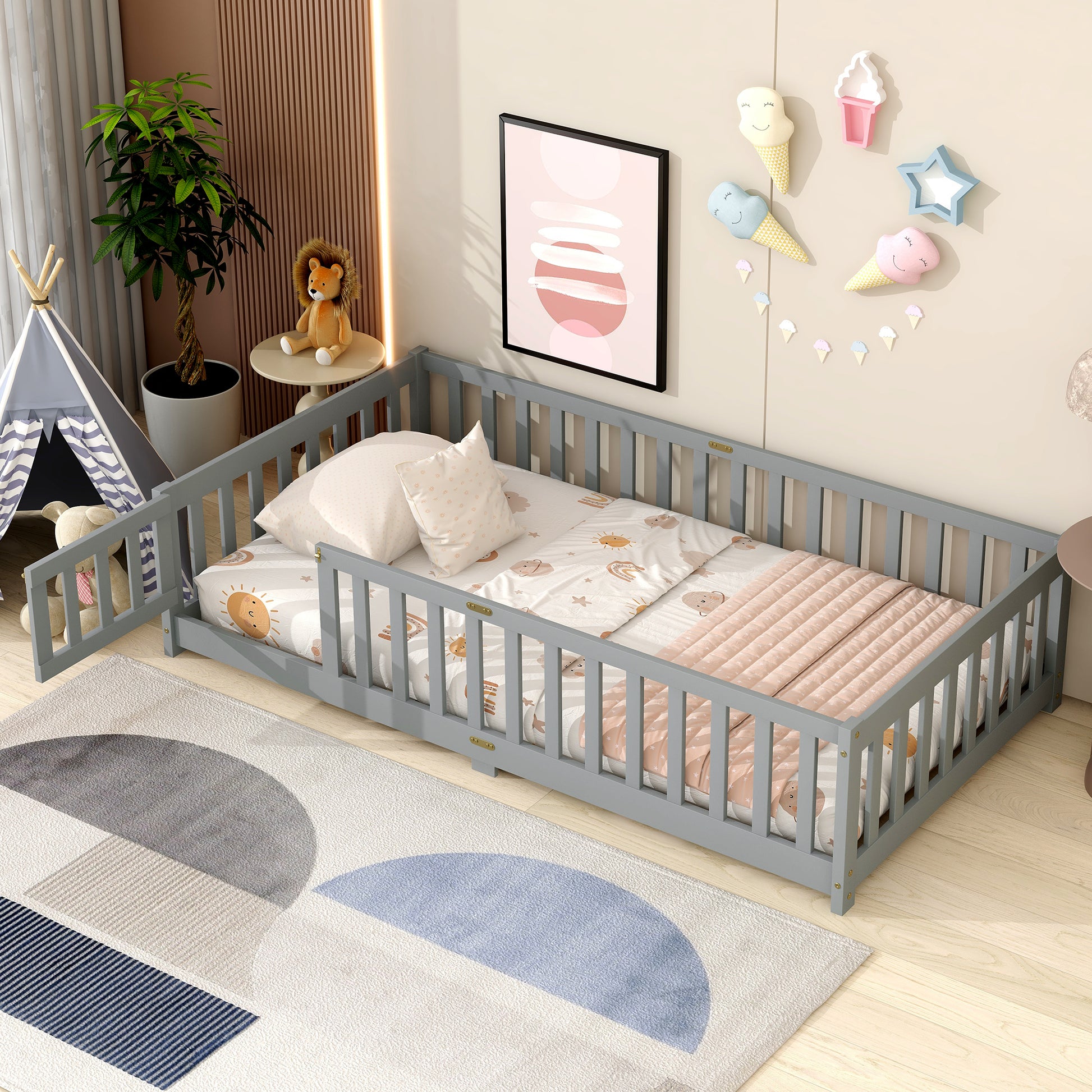 Twin Size Floor Bed with Fence and Door,Rubber Wood Floor Bed with Safety Guardrails,Grey (Old Sku W504P286372) image 1