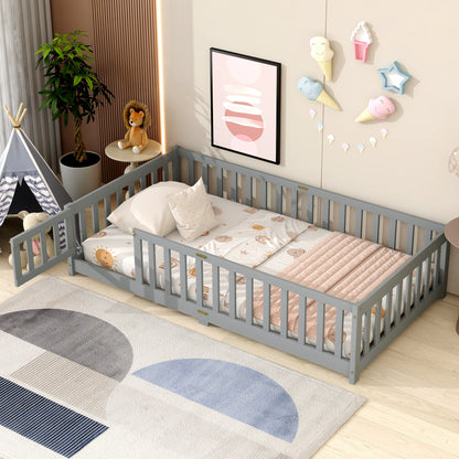 Twin Size Floor Bed with Fence and Door,Rubber Wood Floor Bed with Safety Guardrails,Grey (Old Sku W504P286372) image 1