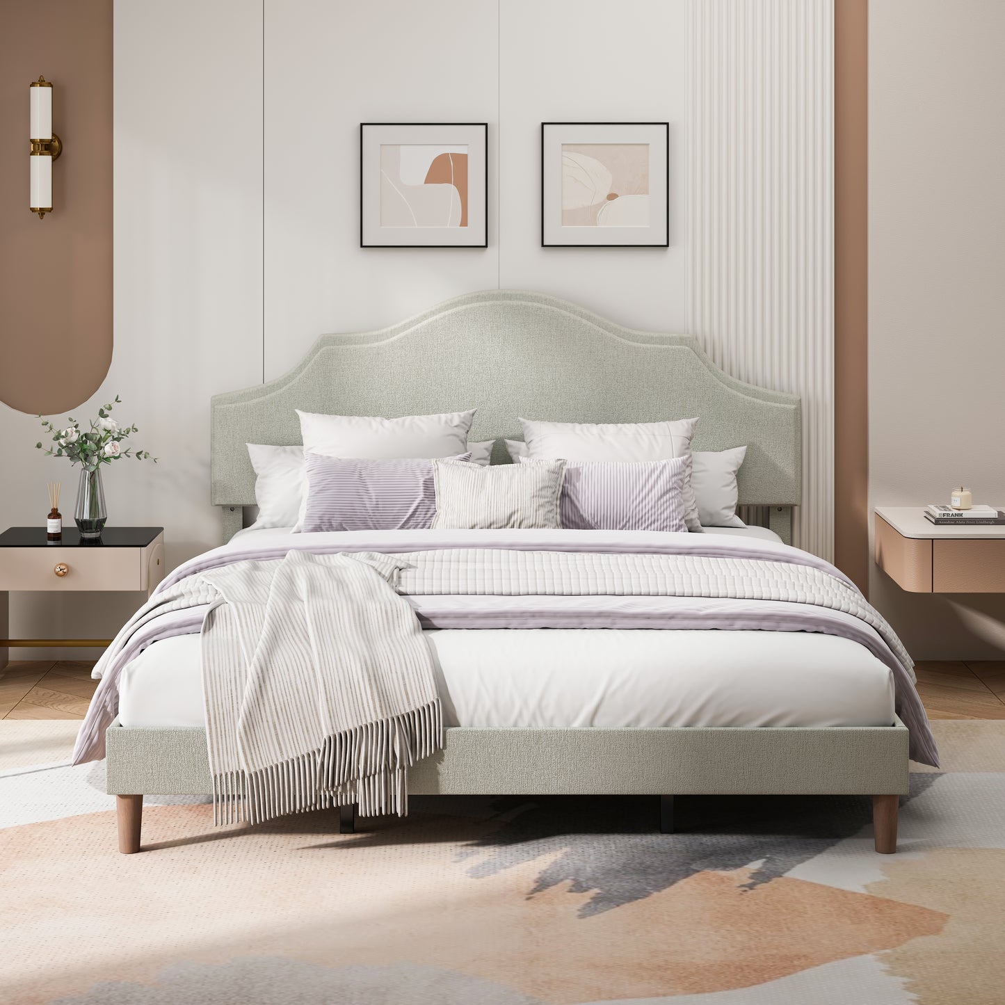 King Size Bed Frame Upholstered Platform Bed with Adjustable Headboard,Linen Fabric Padded,Modern Simple Style Platform Bed No Box Spring Needed, Easy Assembly, Beige image 2