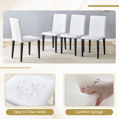 Table and chair set. 71 * 35.4 inch walnut MDF splicing desktop with X-shaped metal frame dining table.Includes 8 white PU dining chairs With Black Metal Legs.Making it an ideal choice for home. image 6
