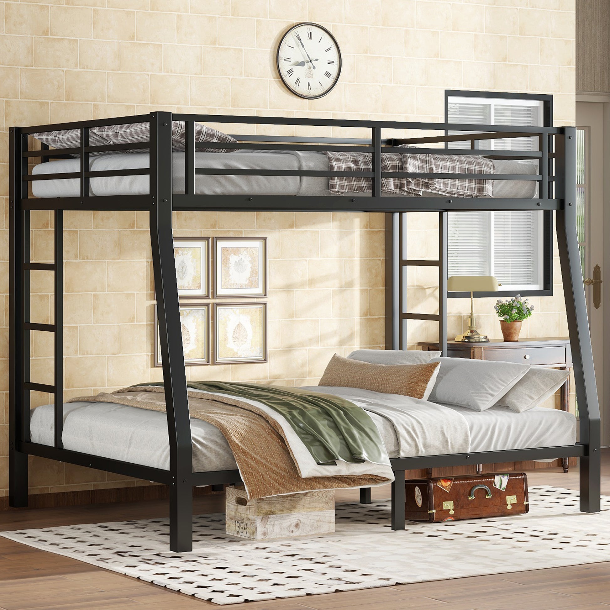Metal Full XL over Queen Bunk Bed for Teens and Adults,Space-Saving/Noise Reduced/No Box Spring Needed,Black image 1