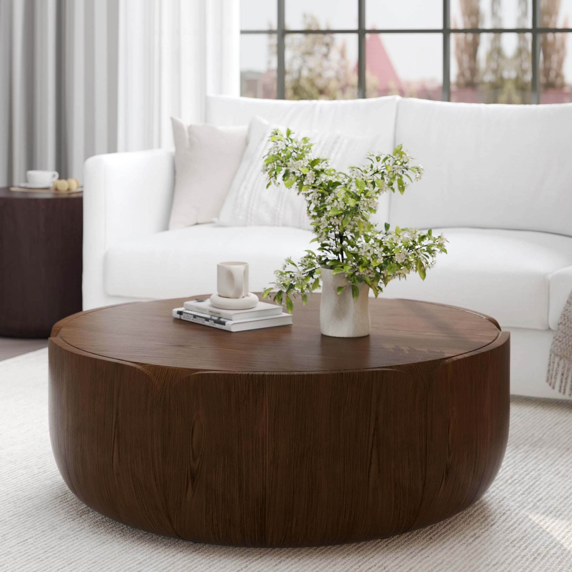 35.63" Round Outdoor Indoor Coffee Table, Modern Wood Grain Drum Center Table, Sturdy MGO (Magnesium Oxide) Waterproof, No-Assembly Table for Patio, Garden, Backyard, Living Room (Brown) image 1