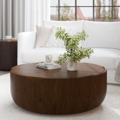 35.63" Round Outdoor Indoor Coffee Table, Modern Wood Grain Drum Center Table, Sturdy MGO (Magnesium Oxide) Waterproof, No-Assembly Table for Patio, Garden, Backyard, Living Room (Brown) image 1