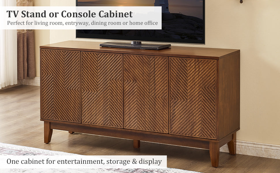56" Mid Century Modern TV Stand, Wood Storage Cabinet with Carved Geometric Doors, 4 Door Media Console, Sideboard Buffet Cabinet for Living Room, Dining Room, Entryway image 6