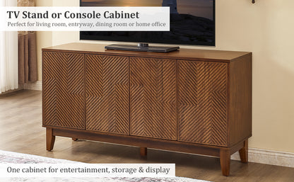 56" Mid Century Modern TV Stand, Wood Storage Cabinet with Carved Geometric Doors, 4 Door Media Console, Sideboard Buffet Cabinet for Living Room, Dining Room, Entryway image 6