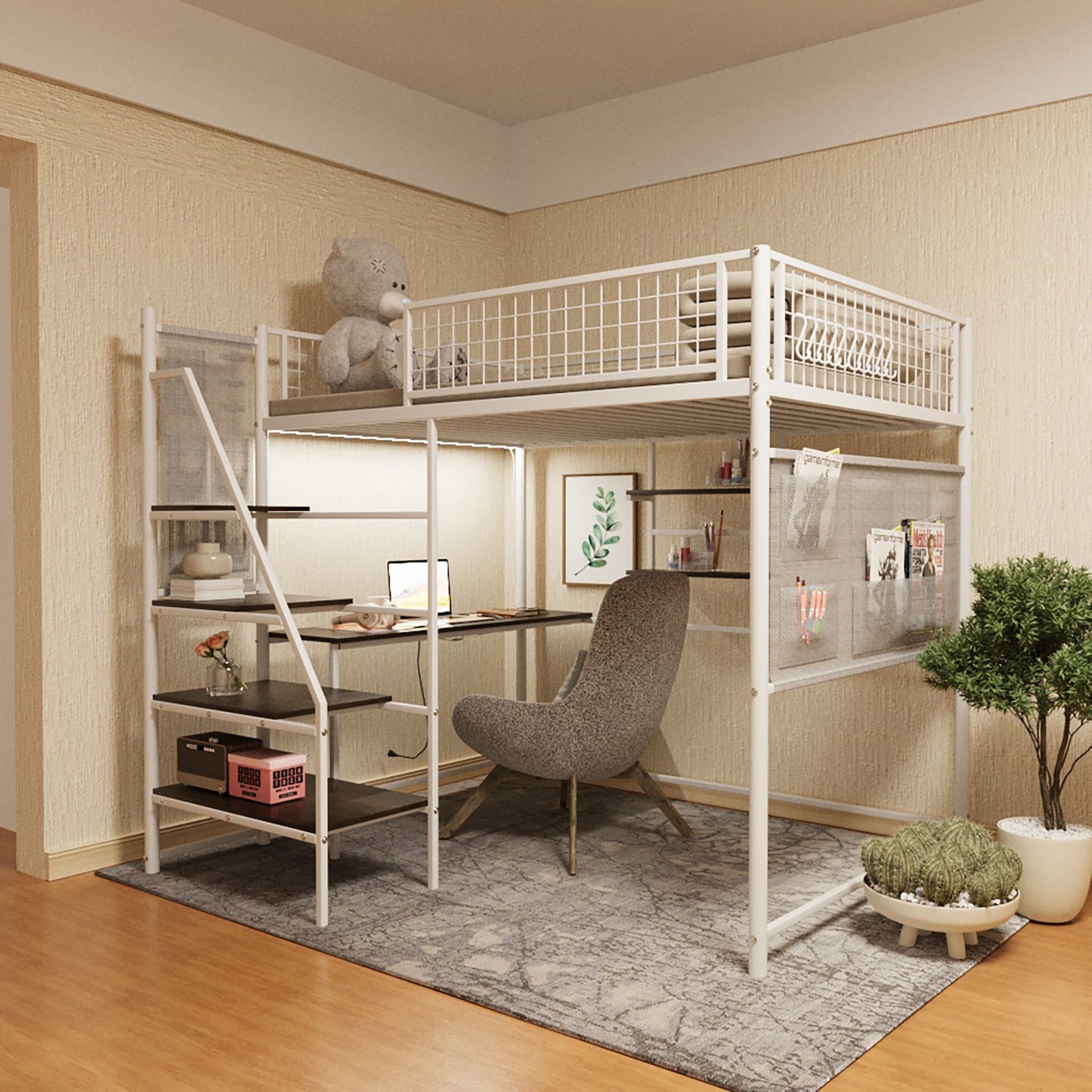 Full size loft metal bed with white for bedroom and dormitory, with built-in charging station and LED lighting image 1